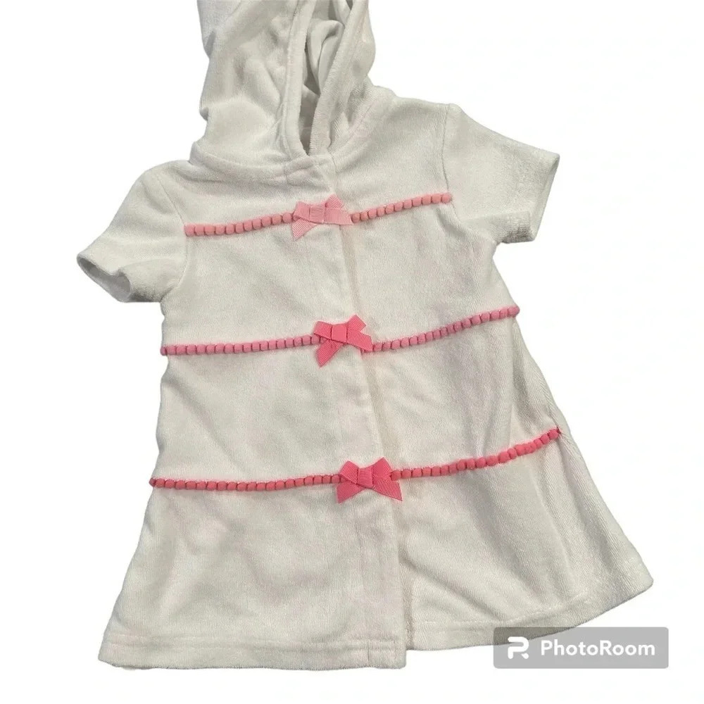 Little Me White Terry Cloth Hoodie Swim Cover Up Pink Bow Ribbon Size 6-9 Month